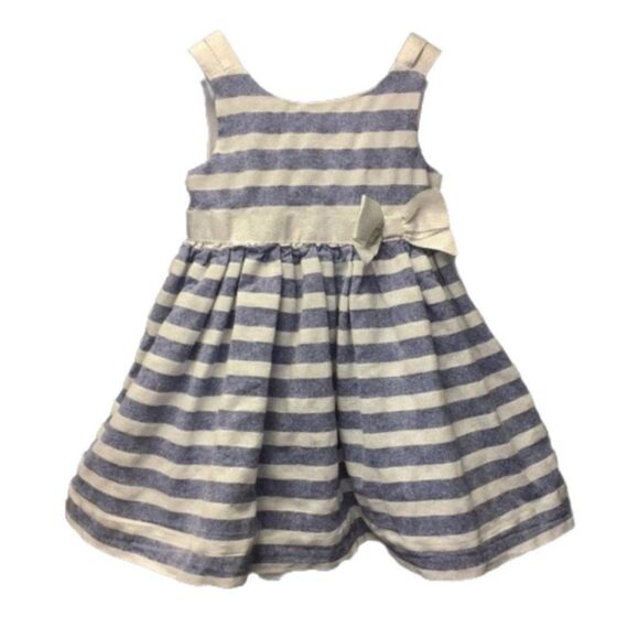 Tahari Baby Dress Blue Silver Metallic Striped Sleeveless Bow Buttons Girls 2T - Picture 1 of 7